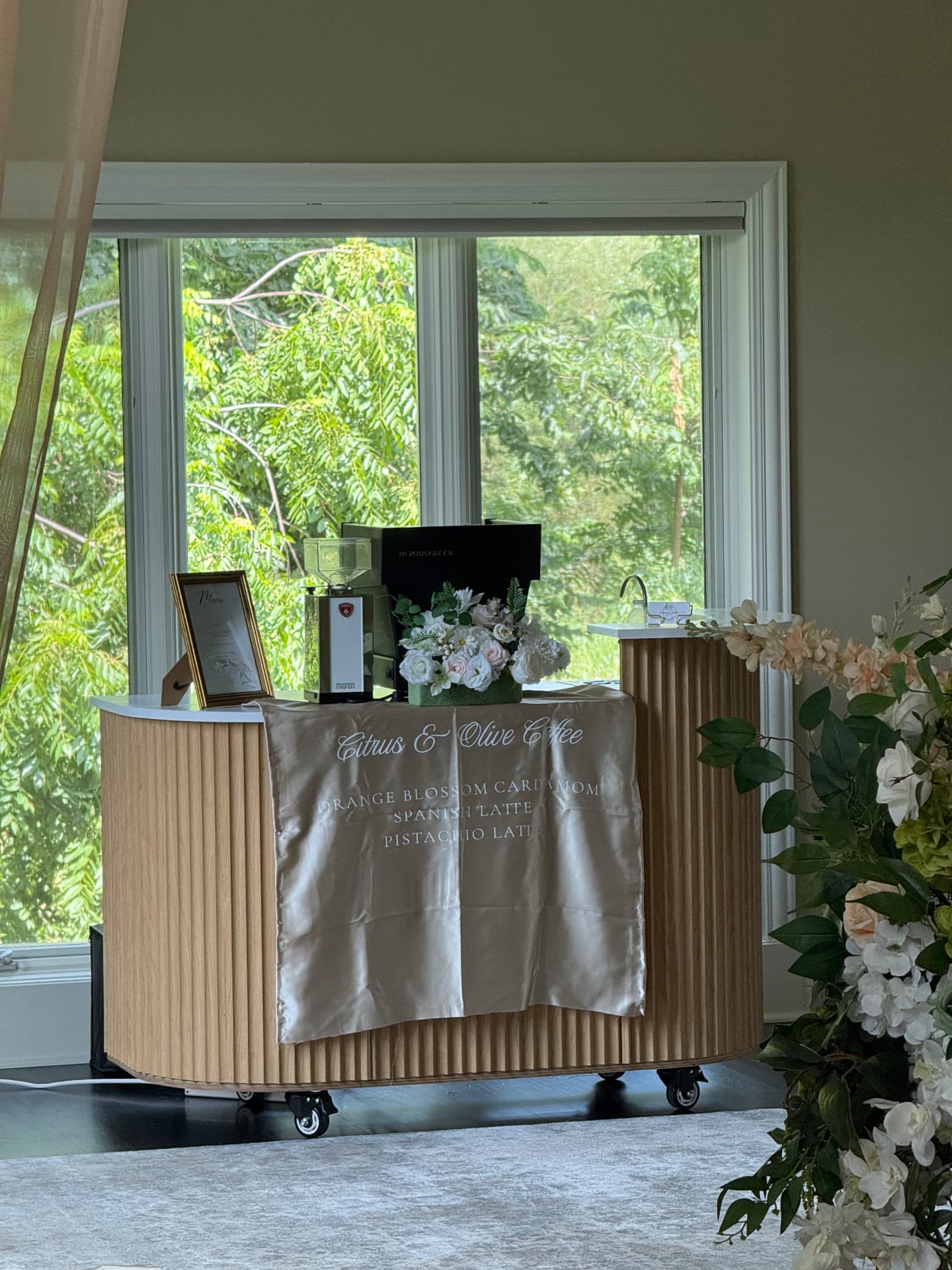 The Flutes Cart — fluted white oak and stone mobile espresso bar by Citrus & Olive